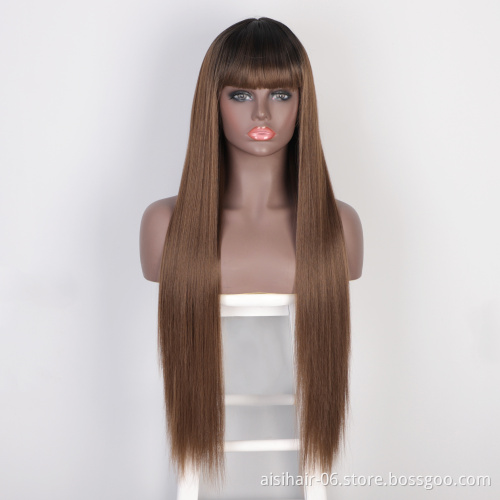 Aisi Hair Cheap Wholesale Vendor Long Straight Natural Wave Ombre Brown Wig With Bangs For Black Women Synthetic Hair Wigs